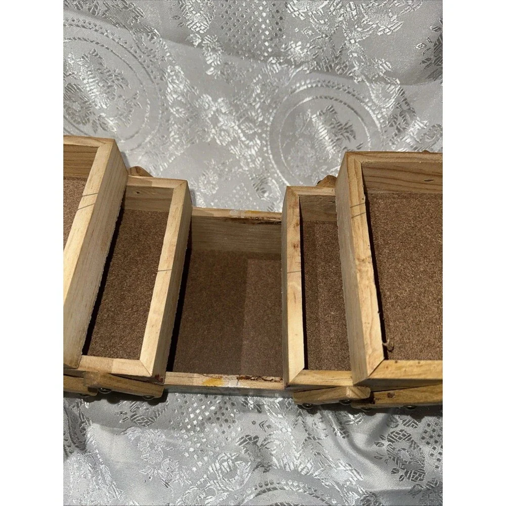 VTG Wood Fold-Out Sewing Box Hand Painted Mexico Double Handle Small 3 Tier